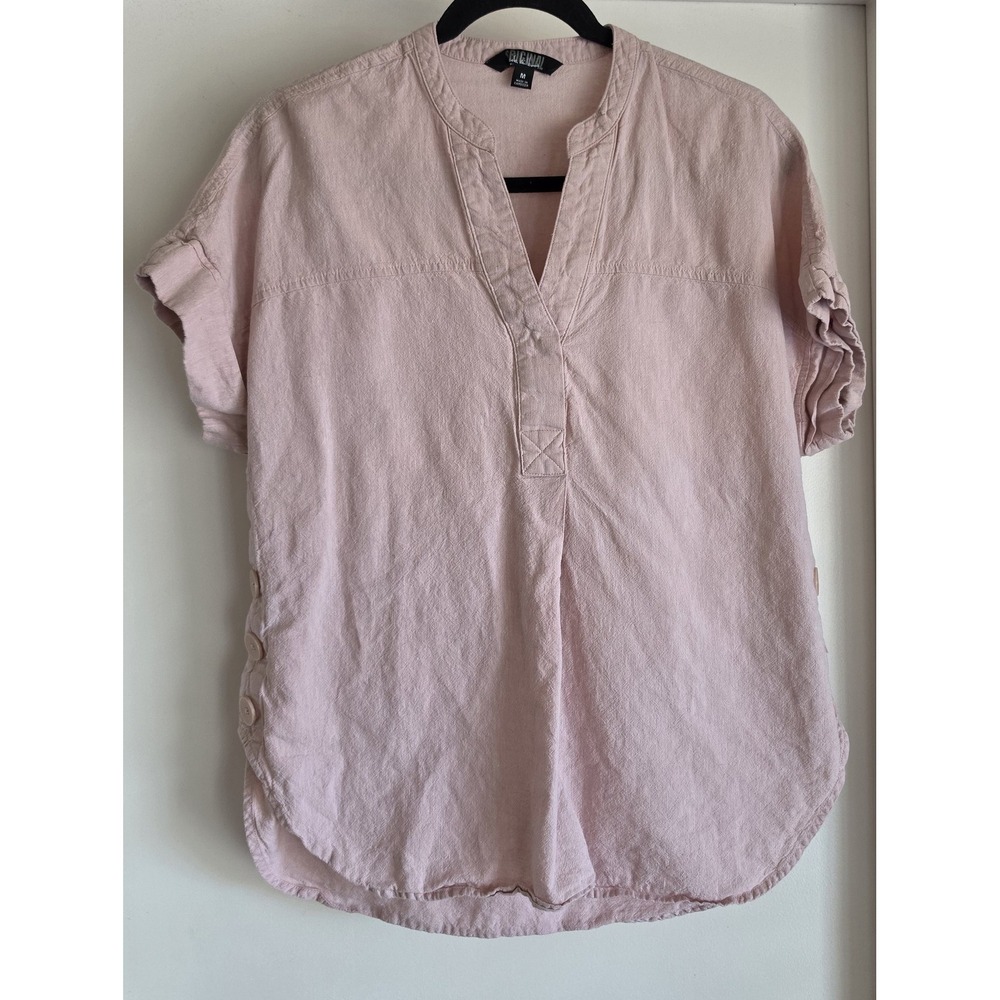 Original Women M Pink Linen Cotton Short Sleeve Split Neck Casual Top Blouse